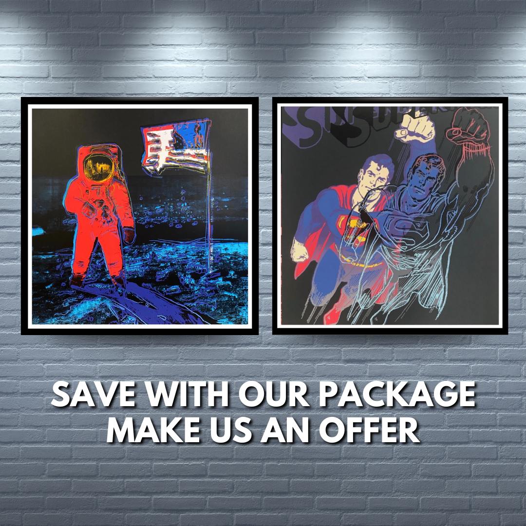 Two framed artworks on a brick wall with promotional text below.